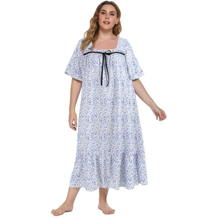 

Womens Nightgown Short Sleeve Printed Sleepshirts Soft Pajama Sleepwear Plus Size Long Nightdress