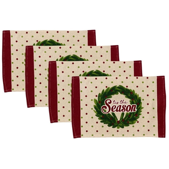Set of 4, Tis the season with Wreath Christmas Plaid Tapestry Placemats for Holiday Season, Home Decoration Kitchen Dining Table Easy to Clean Size: 13" x 19".