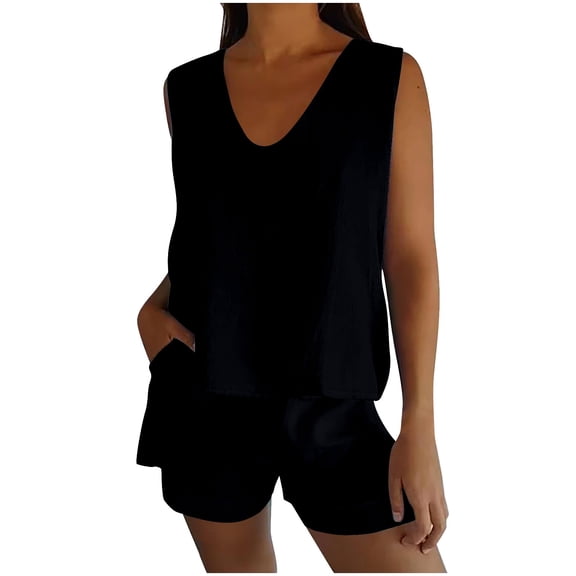 GILIGEGE Linen Sets for Women 2 Piece Summer 2 Piece Outfits for Women Round Neck Sleeveless Outfit Back Hollow Lace Cotton Linen Clothing Lounge Beach Vacation Two Piece Outfits Tracksuits