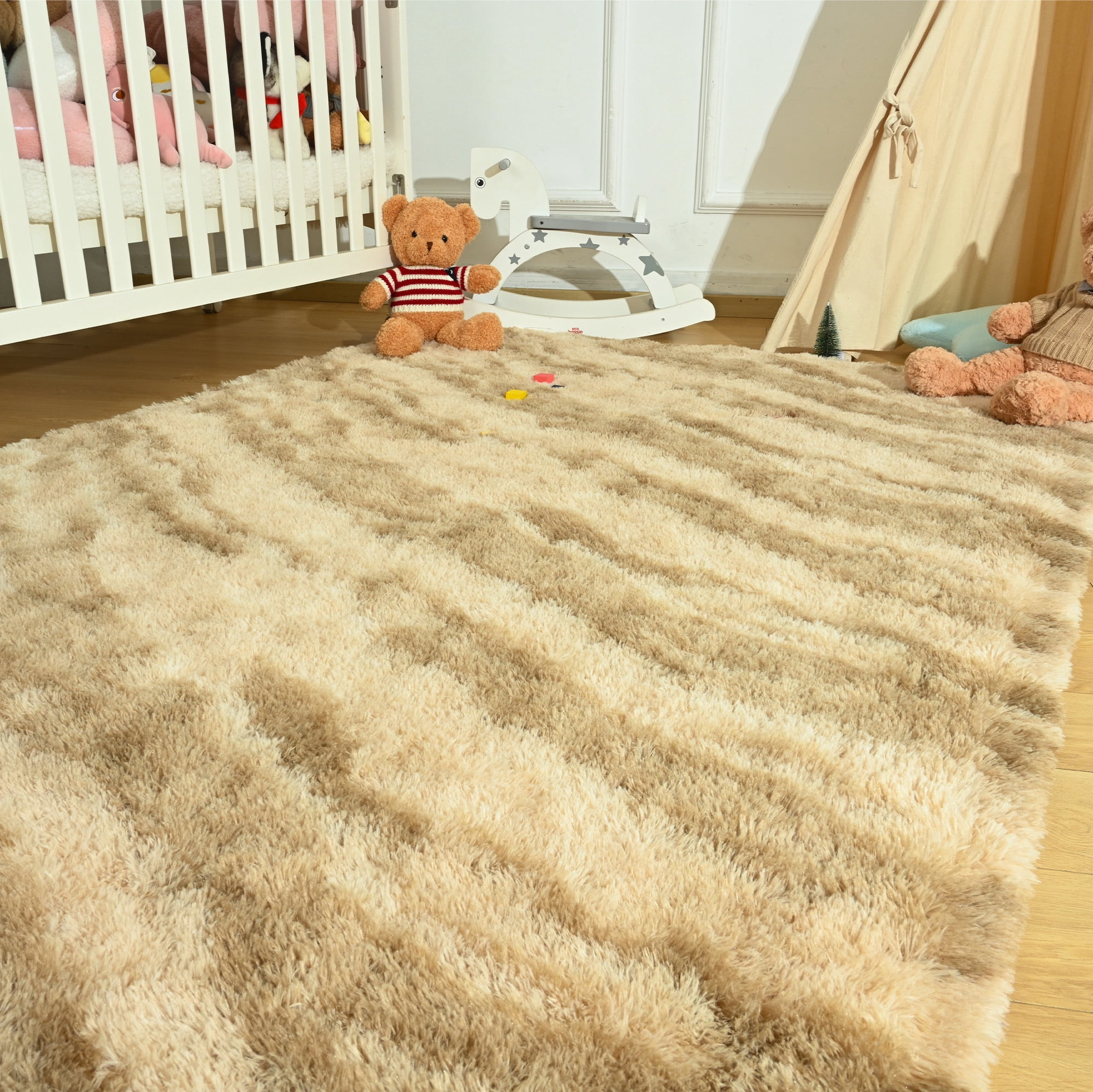 Arogan 6x9 Feet Area Rugs for Living Room Bedroom, Beige Soft Fluffy Shaggy Bedside Carpet, Machine Washable Indoor Floor Rug for Kids Home Decor Aesthetic