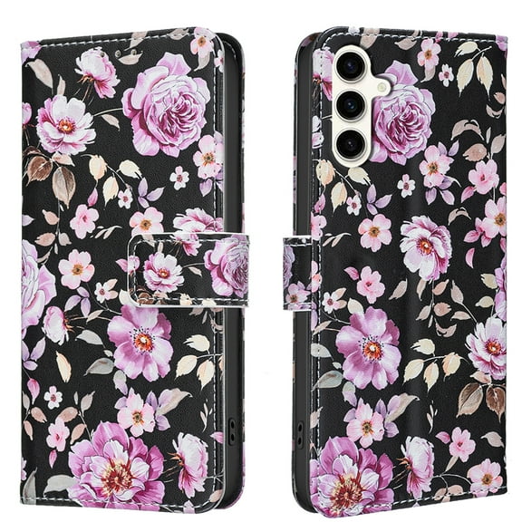 Wallet Case Compatible with Samsung Galaxy S24 with Card Holder, Convertible Stand Flowers Case Magnetic for Women and Girls, Butterfly Floral Protective PU Leather Flip Case, Black2
