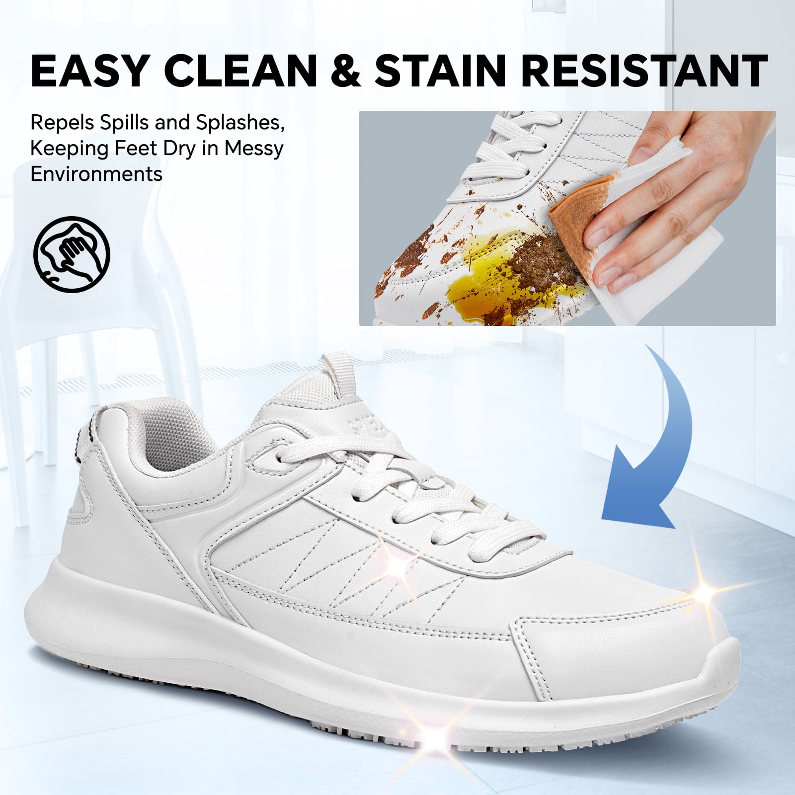 SPIEZ Women’s Non-Slip Work Shoes, Waterproof Oil-Resistant Lightweight Sneakers for Nurses Chef Kitchen Restaurant, with Arch Support, White Size 7.5
