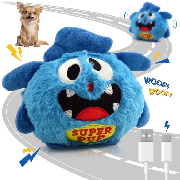 Petbobi Interactive Dog Toys Rechargeable Automatic Self Moving Rolling Plush Ball with Squeaky Bouncing for Small Medium Breed Dogs, Blue