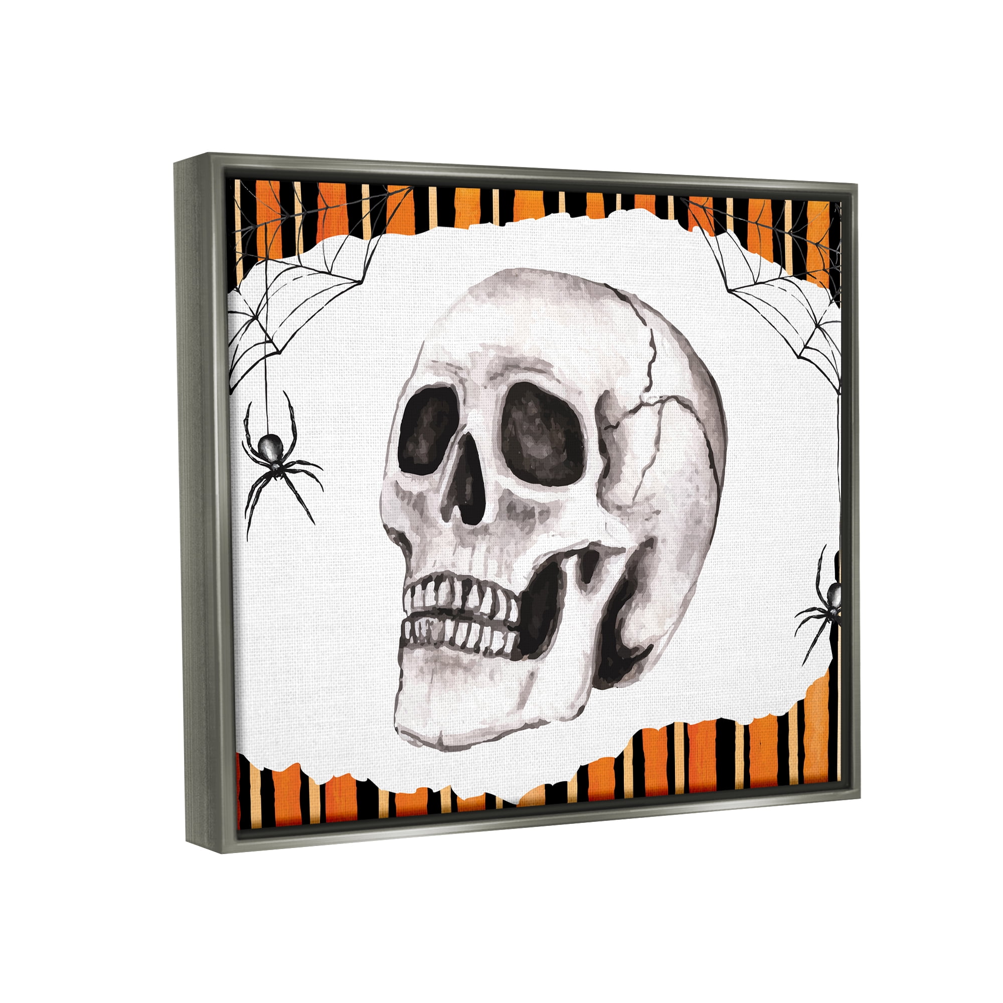 Stupell Industries Orange & Black Striped Skull Holiday Painting Gray Floater Framed Art Print Wall Art
