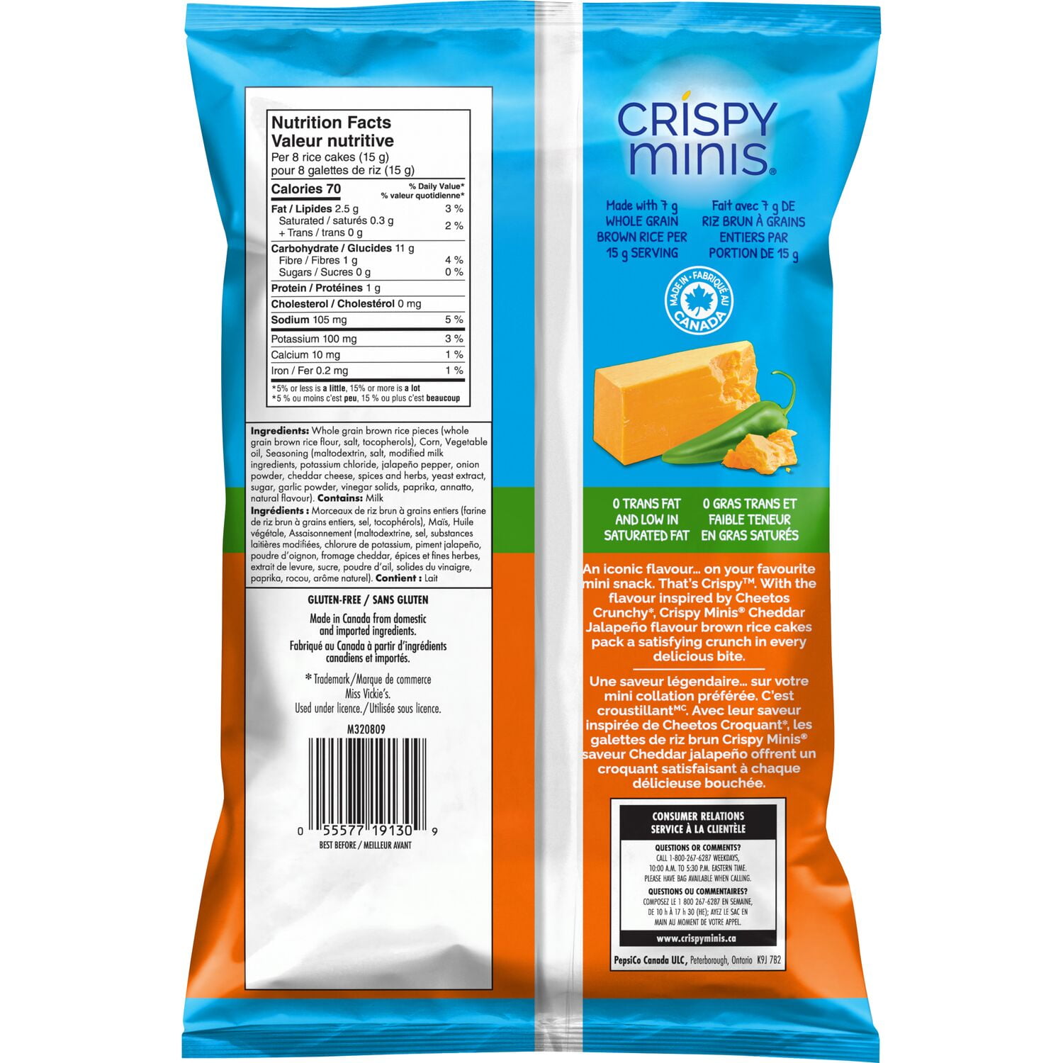 Quaker Crispy Minis Brown Rice Chips Cheddar Jalapeno, 90 g.