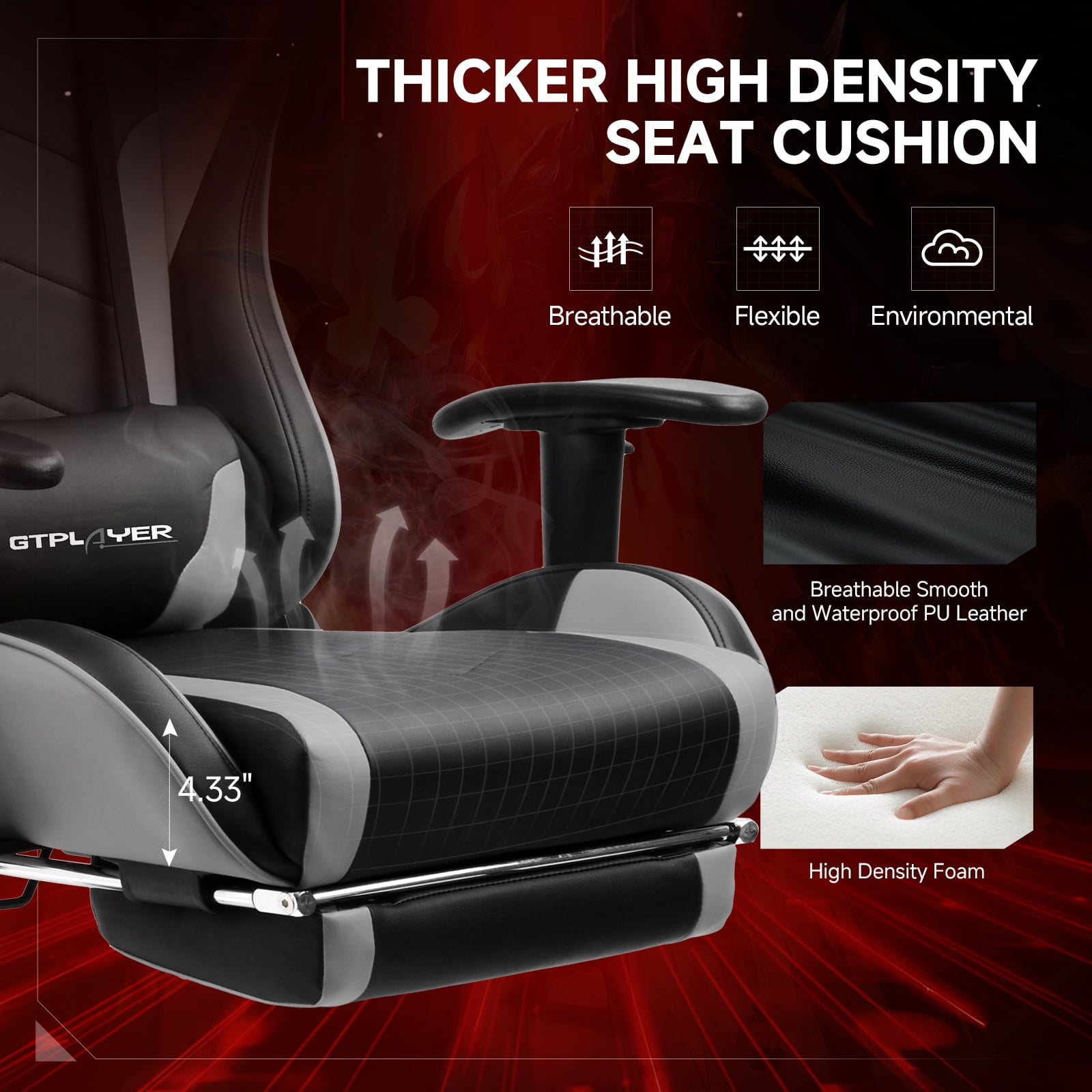 GTPLAYER Gaming Chair with Bluetooth Speakers Music Office Chair with Footrest PU Leather Recliner, Gray