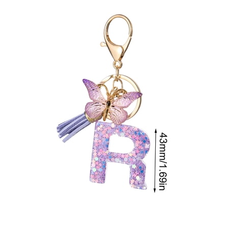 R Letter R Resin Pendant Purple Butterfly Tassel Charm For Women Handbag Purse Accessory Decoration Keychain Gift