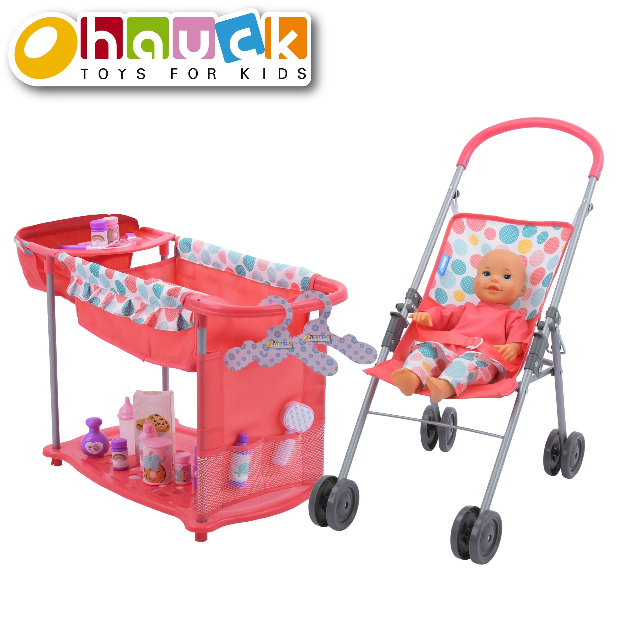 Accessories and Baby Doll with sound. Baby Doll Playset with Stroller 