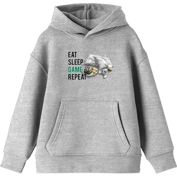 Eat, Sleep, Game, Repeat Youth Heather Gray Long Sleeve Hoodie-Medium
