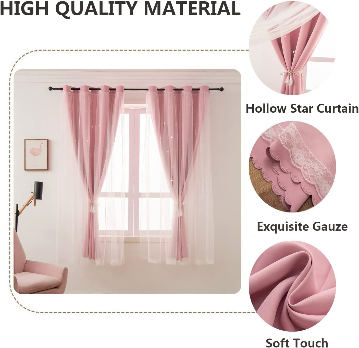 Lapalife Stars Blackout Curtains for Girls Bedroom, Double Layer Star Cut Out Curtains Nursery Home Decor, 1 Panel, Baby Pink, 51''x 63''