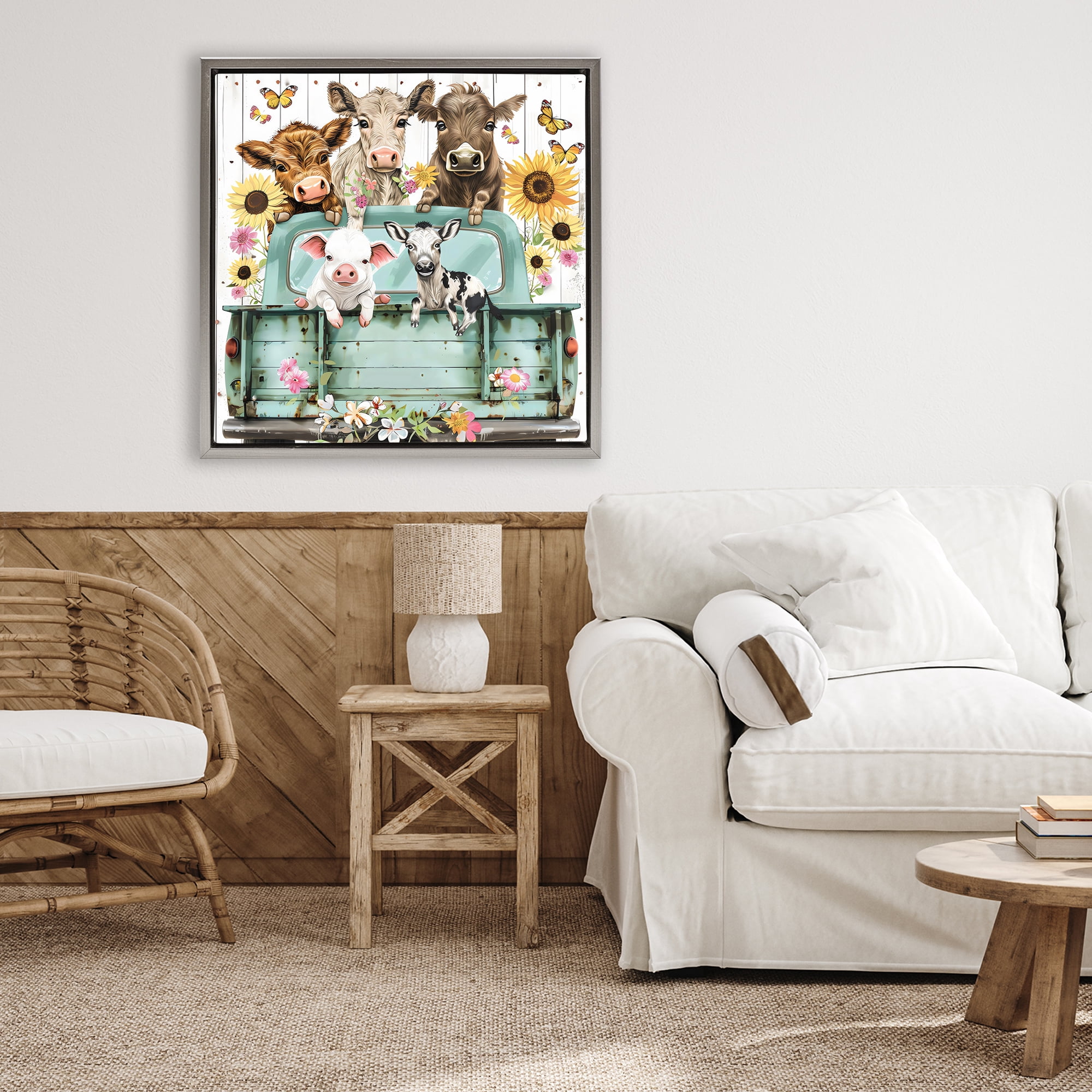Stupell Industries Barnyard Friends in Vintage Truck Gray Framed Floater Canvas Wall Art, design by Creative Studio