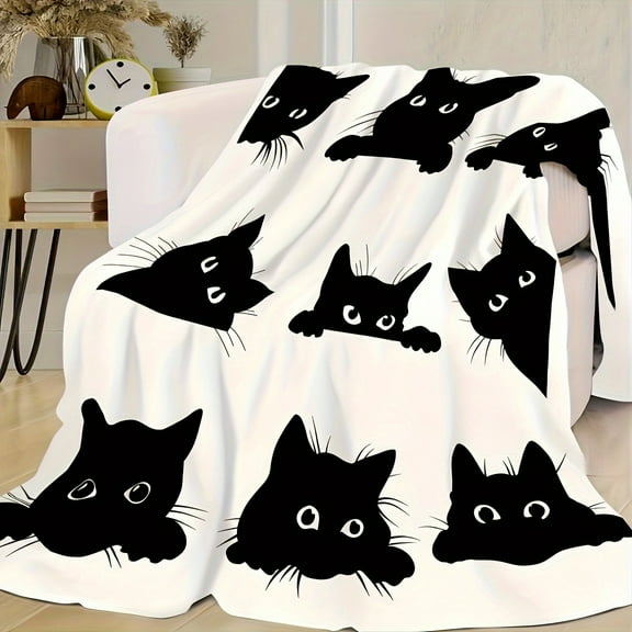 Cozy Black Cat Flannel Blanket – Soft, Warm, and Versatile for Home, Office, Travel, and Camping – Playful Cartoon Cat Design on White Background – Machine Washable