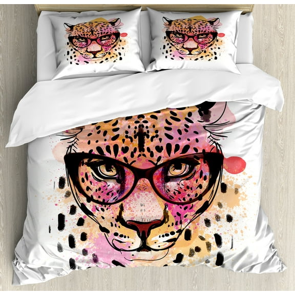 Animal Duvet Cover Set, Watercolor Style Portrait of Leopard Glasses Splashing Paint Art, Decorative 3 Piece Bedding Set with 2 Pillow Shams, Queen Size, Orange Brown Pink, by Ambesonne