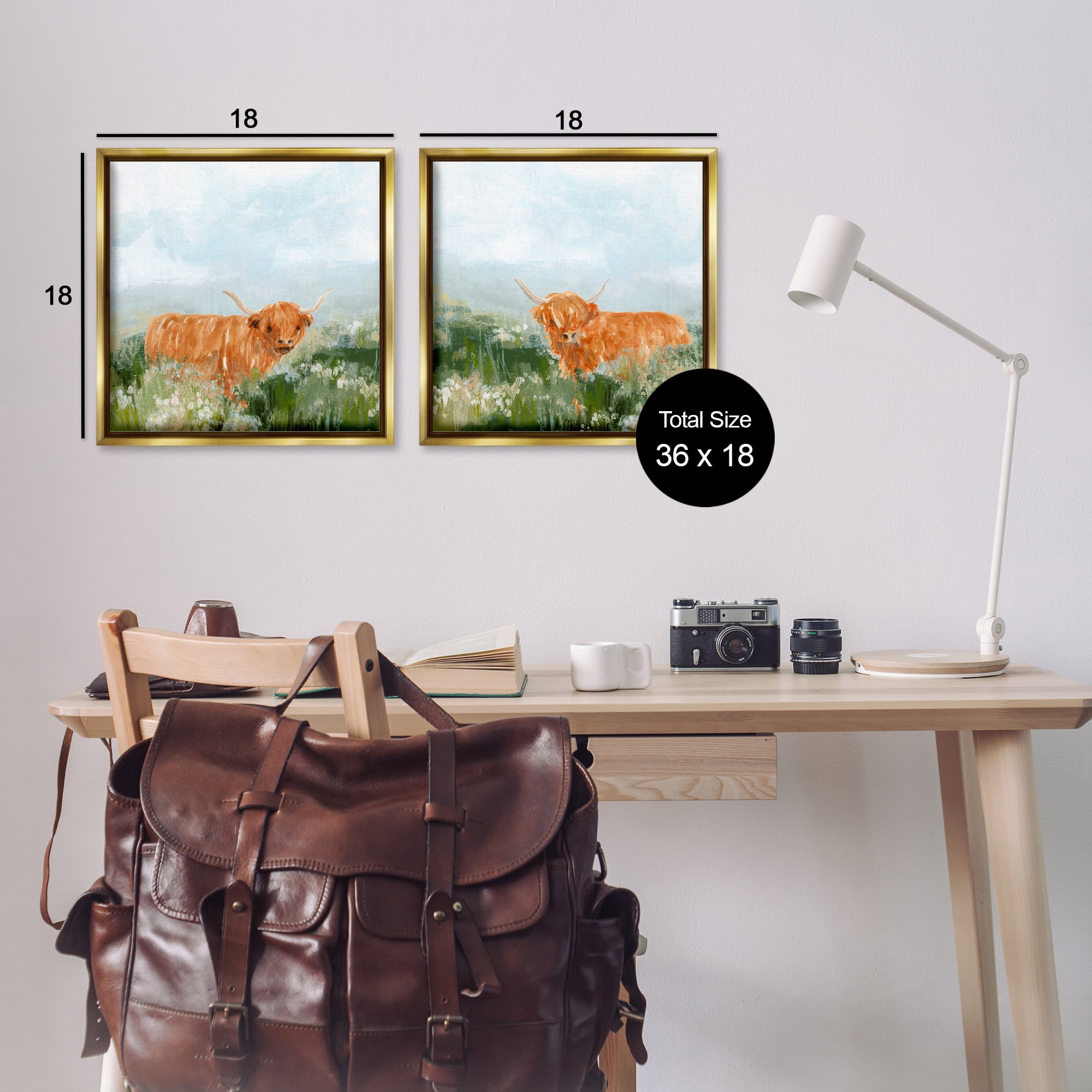 Stupell Industries Shaggy Highland Cow in Field Animals Painting Gold Floater Framed Canvas Art Print Wall Art, 18 x 18, Set of 2