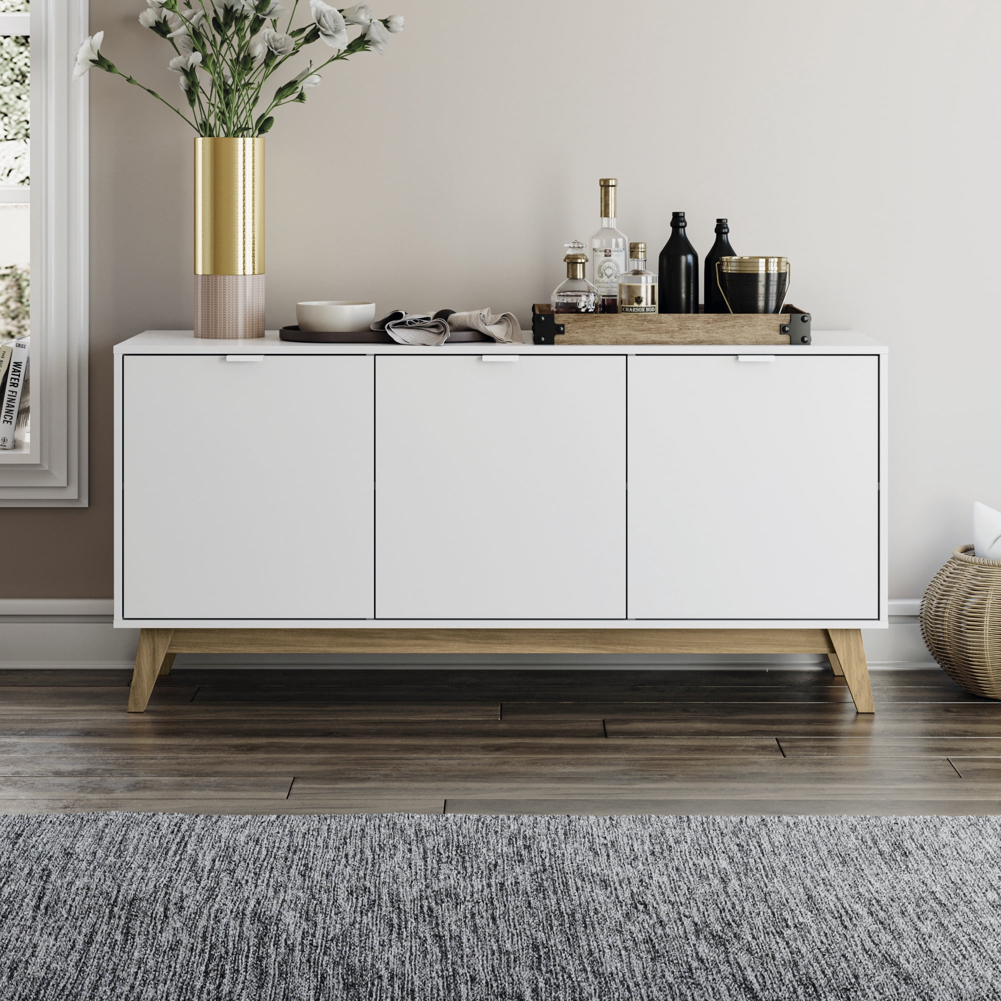 Kappesberg Venice White/Light Brown 59"W Sideboard with 3 Doors and Shelves