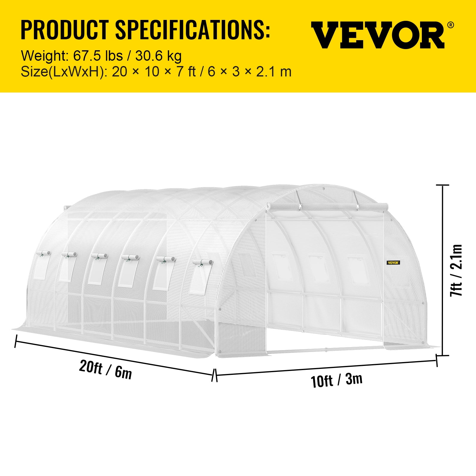 VEVORbrand Walk-in Tunnel Greenhouse, 20 x 10 x 7 ft Portable Plant Hot House w/ Galvanized Steel Hoops, 3 Top Beams, Diagonal Poles, 2 Zippered Doors & 12 Roll-up Windows, White