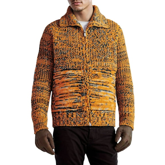 Fisherman Sweater Men Stripes Patchwork Pullovers Winter Warm Dailywear Men's Fashion with Zipper, Orange, Size XXXL