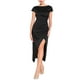 thumbnail image 2 of INSPIRE CHIC Vestido de fiesta de satén negro con cuello barco, mangas cortas y abertura lateral fruncida, 2 of 4