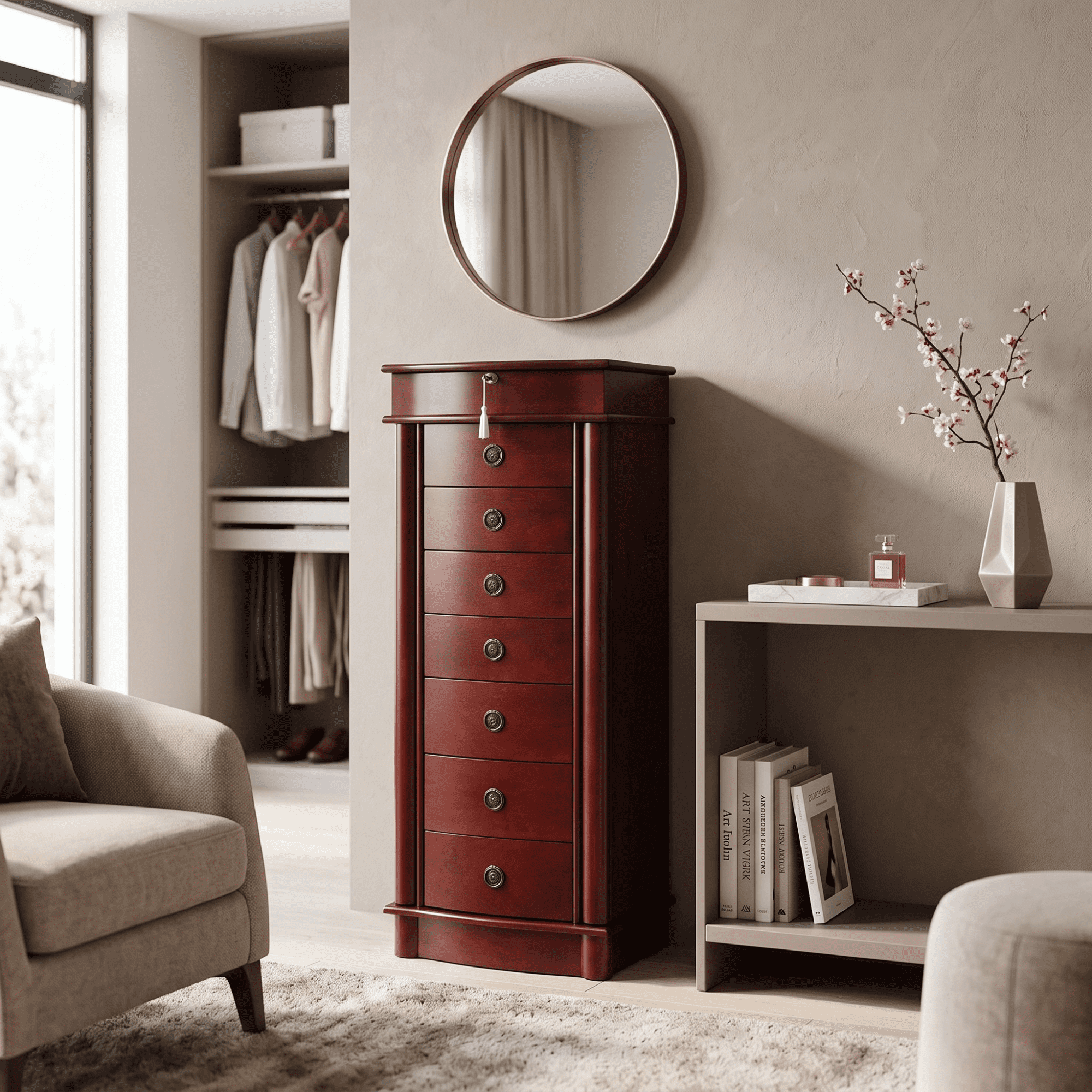 Hives and Honey Nora Traditional Jewelry Armoire with Locking Compartment and Ample Storage, Cherry