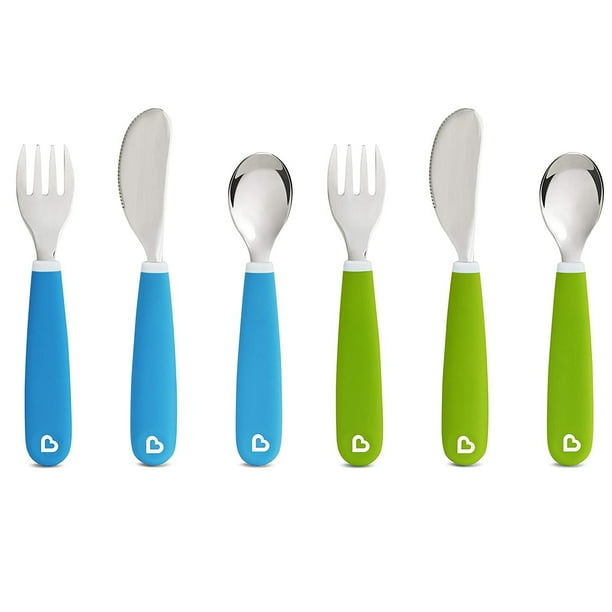 Munchkin Splash Toddler Tenedor, juego de cuchillo y cuchara, paquete de 6, azul / verde