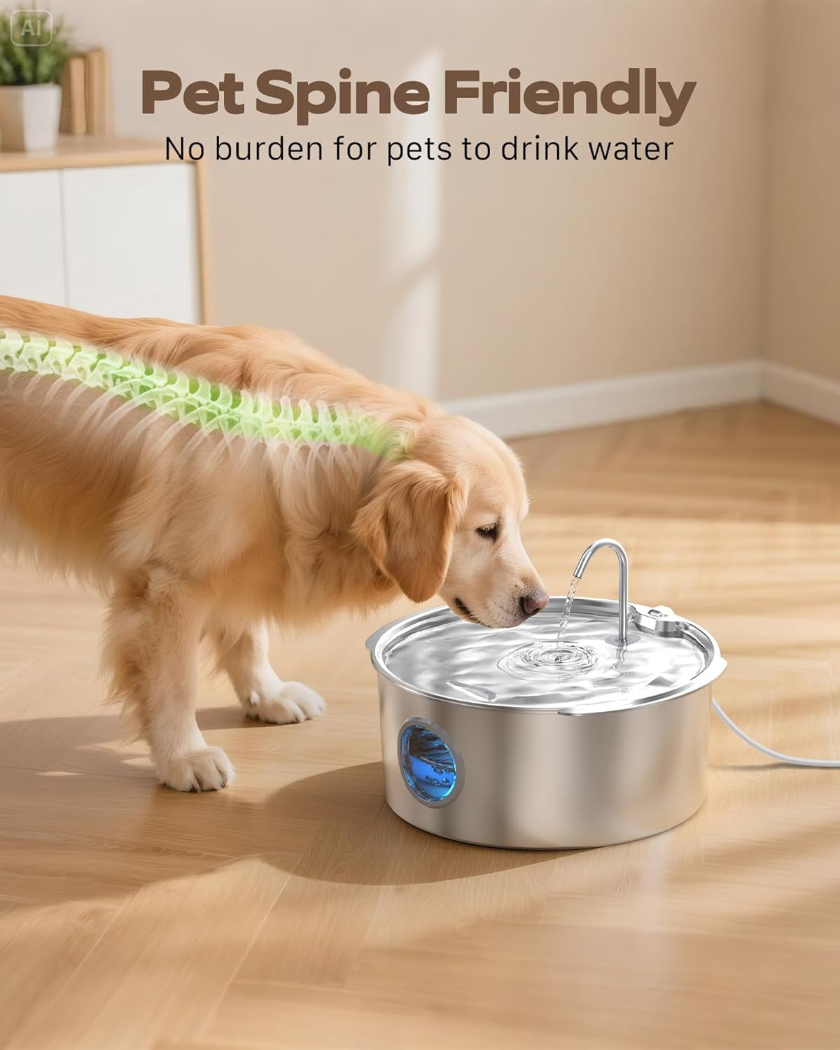 Large Stainless Steel Dog Water Fountain - 3.2 Gallon/12L Super Quiet Pet Fountain with Water Level Indicator for Multi-Pet Homes