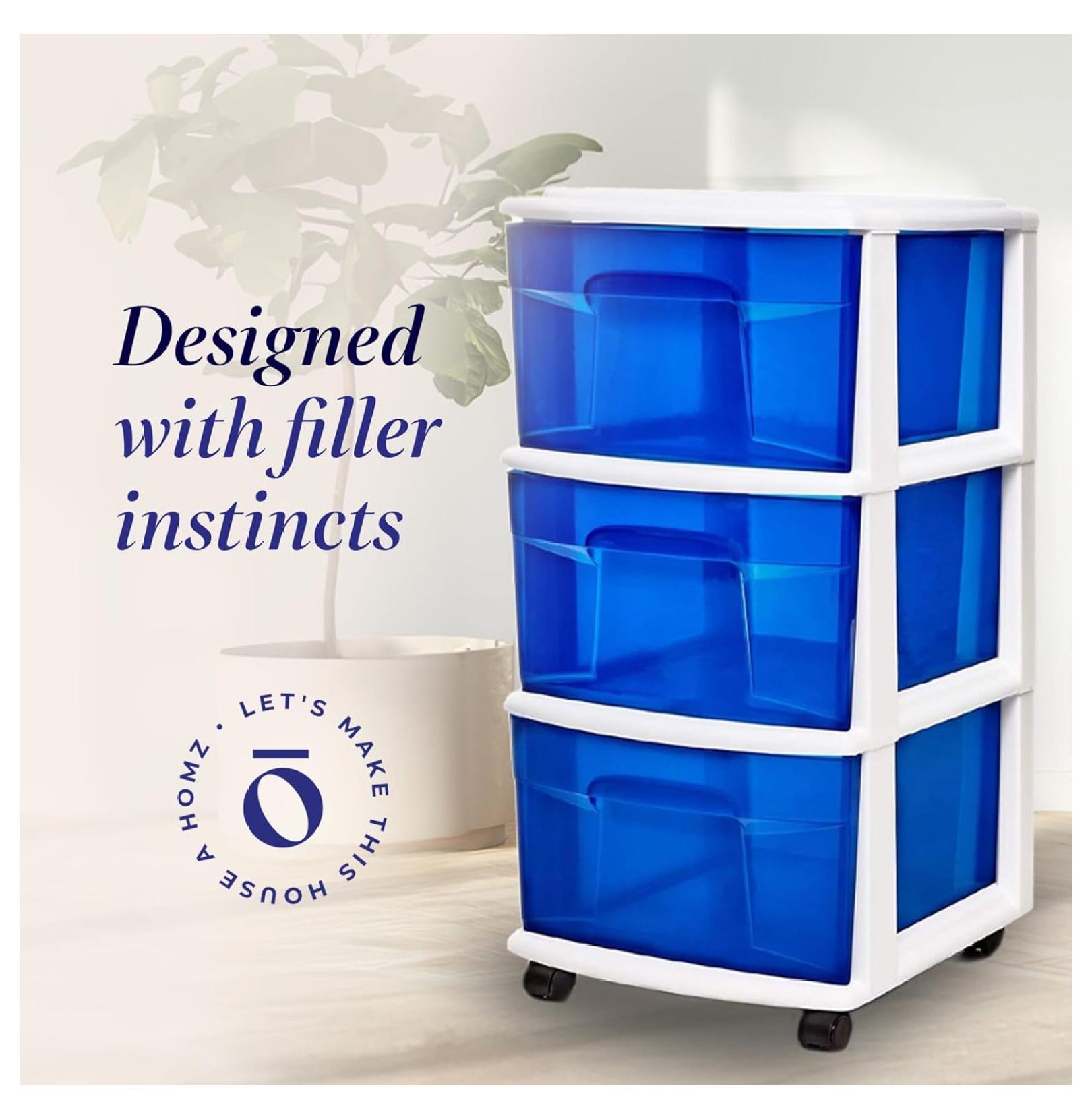 3-Drawer Storage Cart, Plastic Home & Office Organizer, Blue w/ White Frame White Frame/Blue Drawers