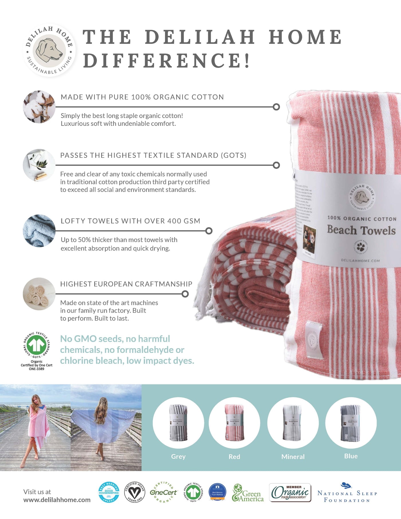 Delilah Home Organic Cotton Beach Towel, 36 x 70 Inch, Red