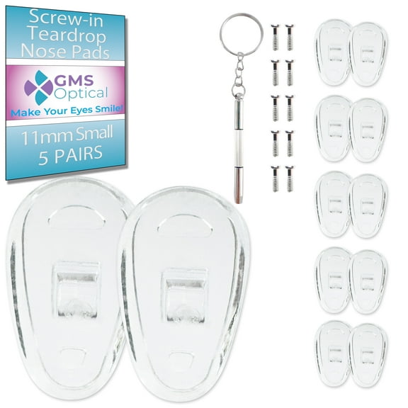 GMS Optical Tear Drop Screw-In Silicone Nose Pads for Glasses – Extra Small 11mm Length, 6mm Width, with Screws & Screwdriver (5 Pair, Clear)