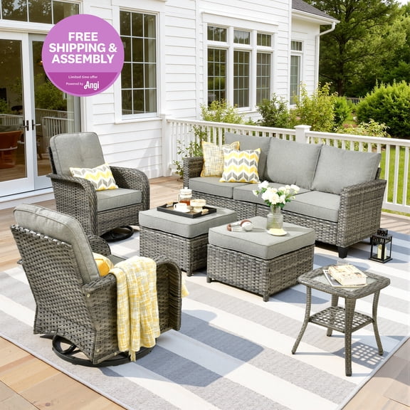 Ovios 6 Pieces Outdoor Patio Furniture Set All-Weather Wicker Rattan Sectional Sofa with Swivel Chairs Ottomans Side Table