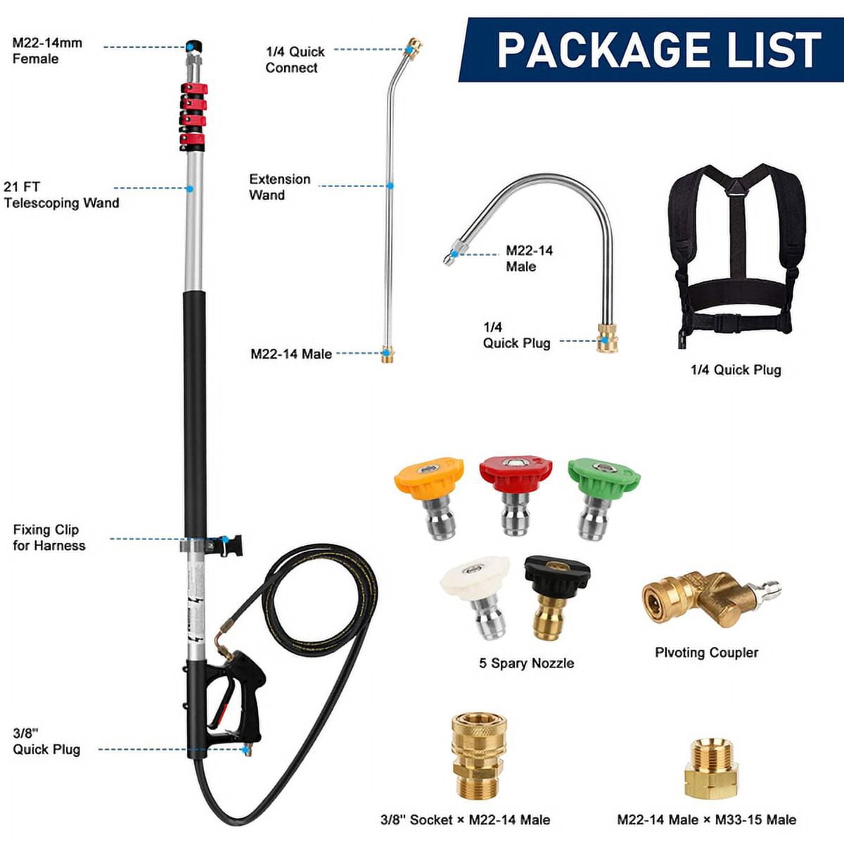 imerelez 24FT High Pressure Washer Telescopic Gun, Aluminum Extension Wand with Supportive Strap, 4000 PSI Max, 3/8" Quick Connect, for Driveway Roof Cleaning