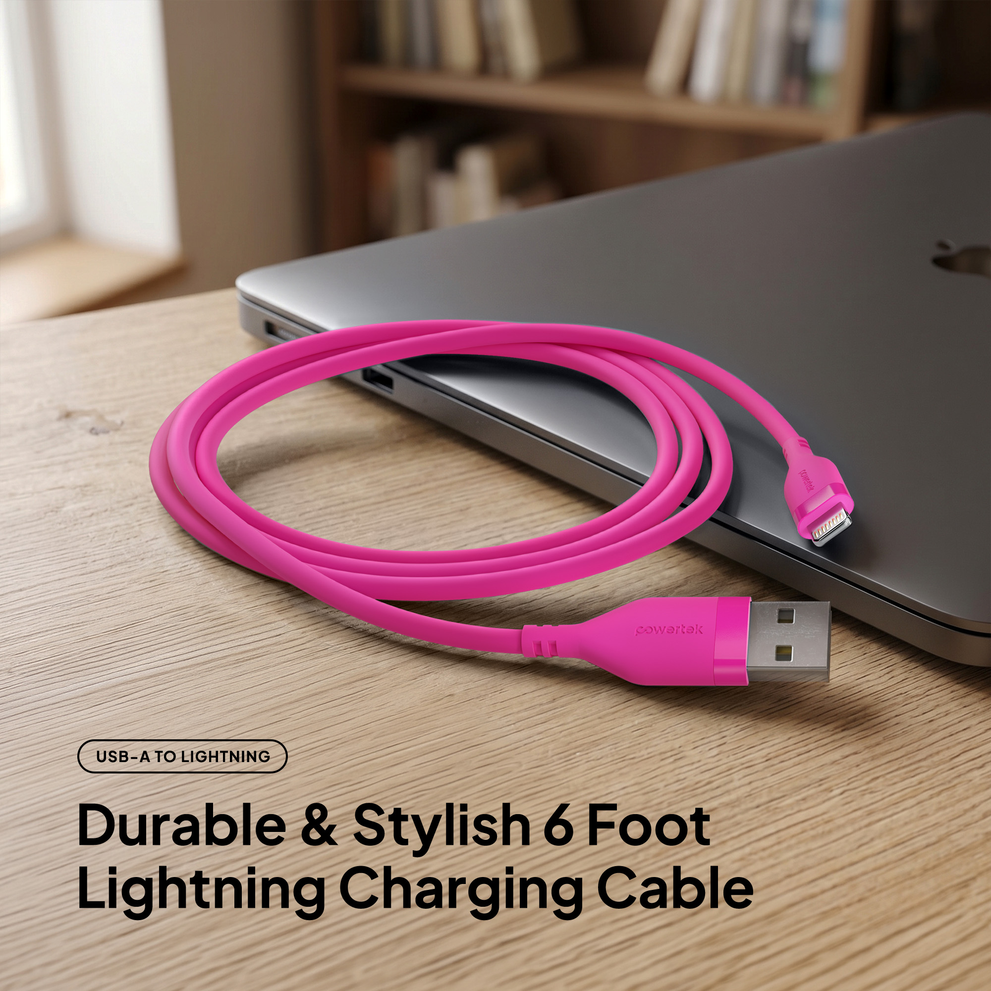 Powertek Silicone USB-A to Lightning Cable, 6ft, Neon Pink photo 2