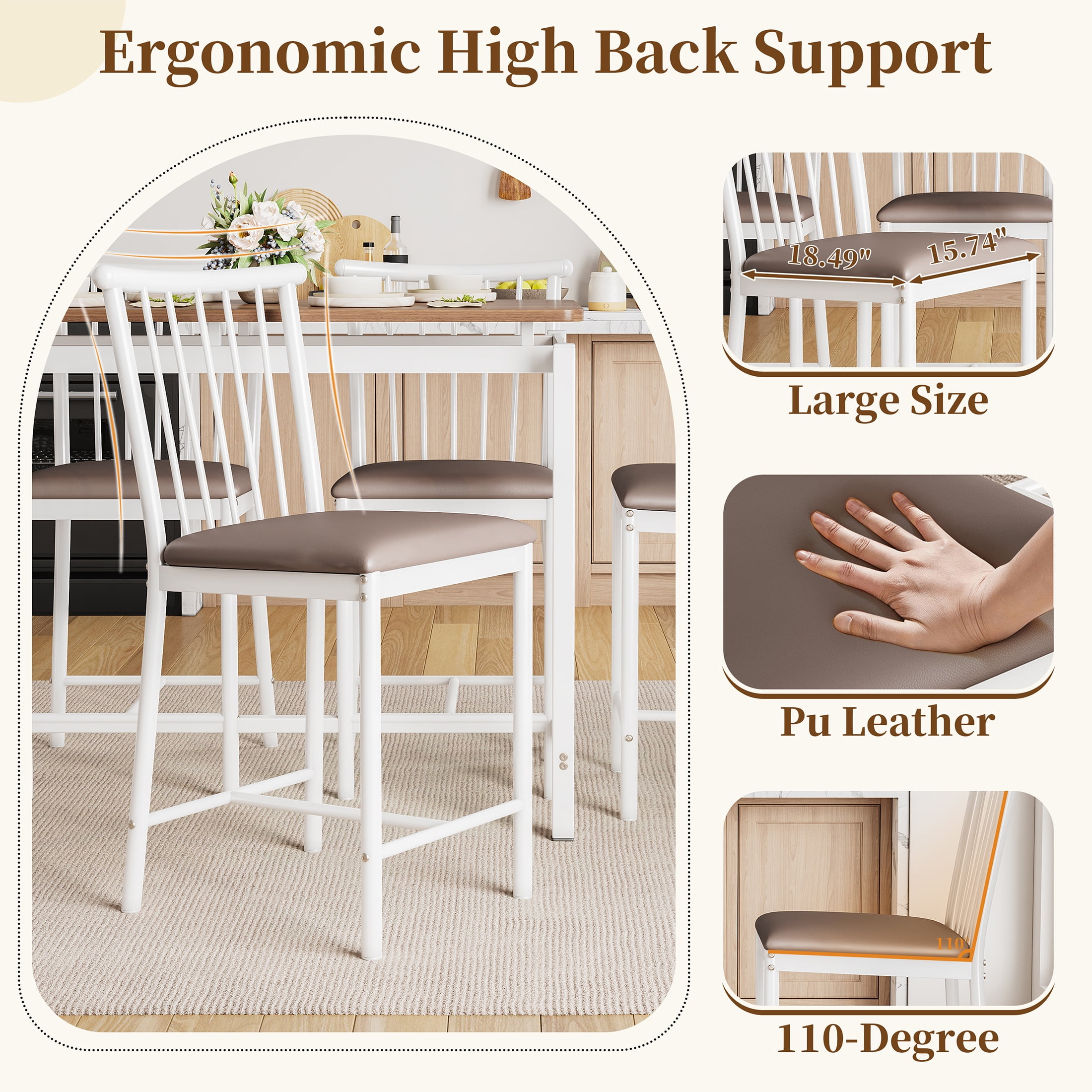 PORKISS Counter Height Dining Set for 4, Breakfast Bar Table Set with Table and 4 Leather Cushion Chairs, Wood Top Pub Table & Chair Set for Kitchen Apartment Bistro, Brown+White