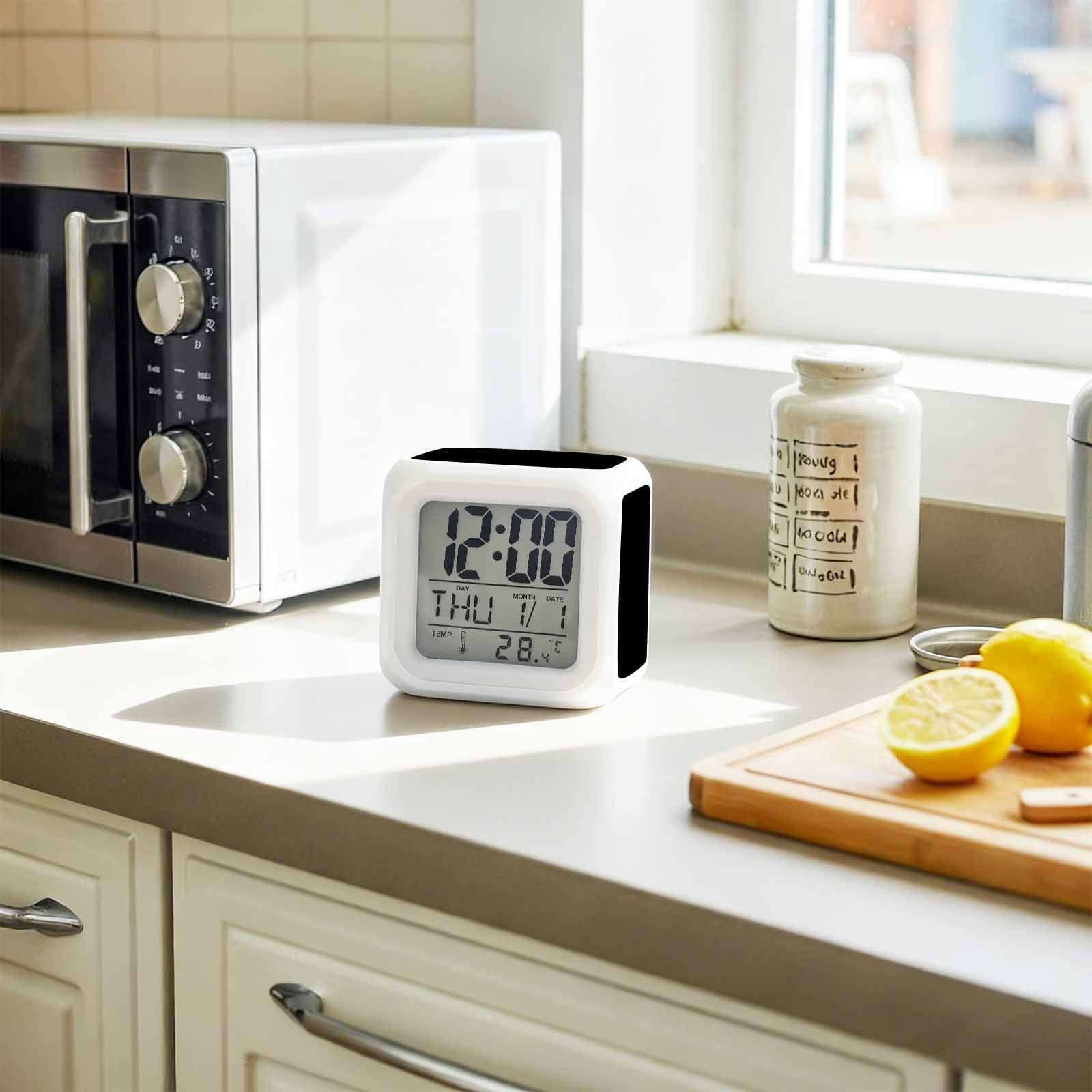 Black Digital Alarm Clock for Bedrooms, Smart LED Alarm Clock with 7 Color Changing Night Light, Pure Black Silent Wake Up Clocks for Sleep Study Cooking 3.2"x3.2"