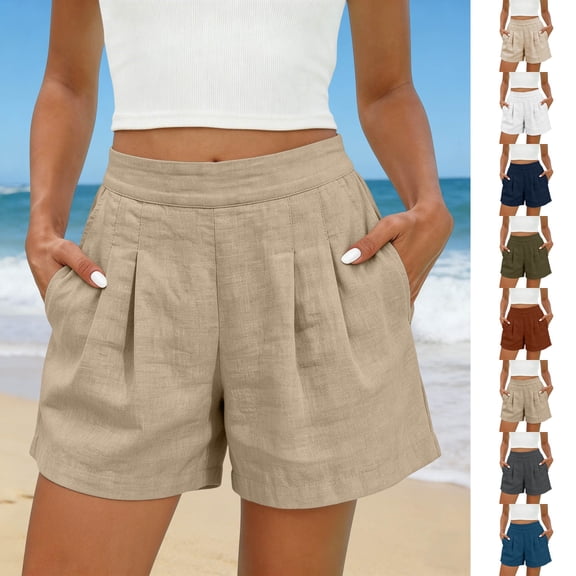 Women's Linen Shorts Casual High Waisted Shorts Pleated Front Side Pockets Loose Solid Color Summer Beach Short Pants