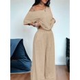 thumbnail image 6 of Women's 2 Piece Lounge Sets Off Shoulder Oversized Short Sleeve Tops Casual Wide Leg Pant Set Khaki S, 6 of 8