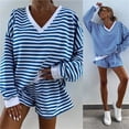thumbnail image 4 of New Summer Women's Casual Striped Set: Long-Sleeved V-Neck Loose Top and Sports Shorts (2-Piece Set), 4 of 5