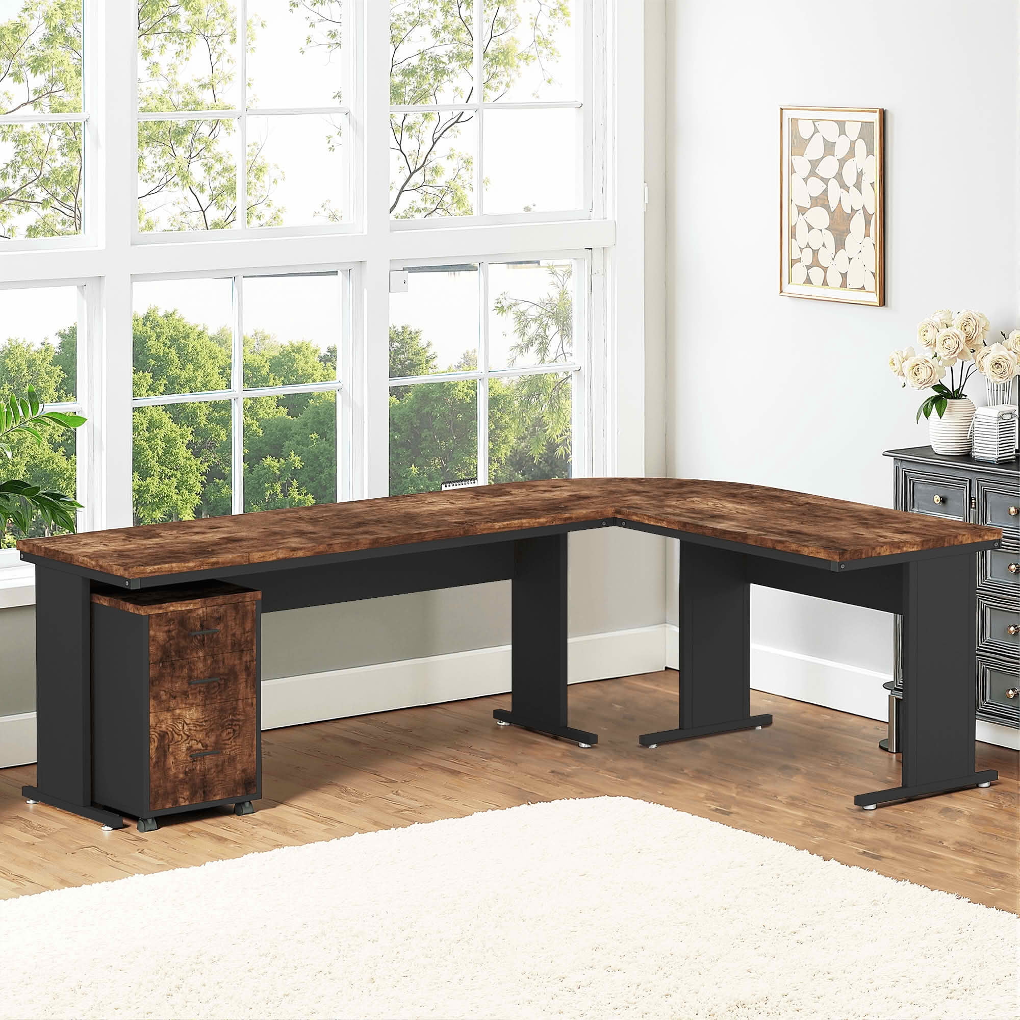 MAYEERTY 83 Inch Reversible Industrial L-Shaped Executive Corner Desk with Mobile 3-Drawer File Cabinet, Rustic Brown Particleboard Black Steel Frame Workstation for Home Office