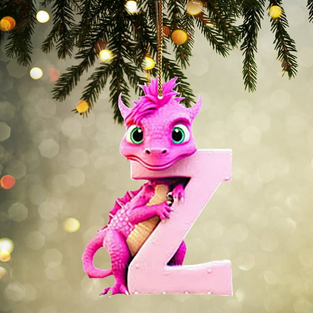 Fridja Personalized Dinosaur Christmas Ornament 26 Letters Hanging Pendant Ornaments 2024 Plastic Initial Monogram Xmas Tree Decorations with Hanging Rope Unique Customized Fun Gift for Kids