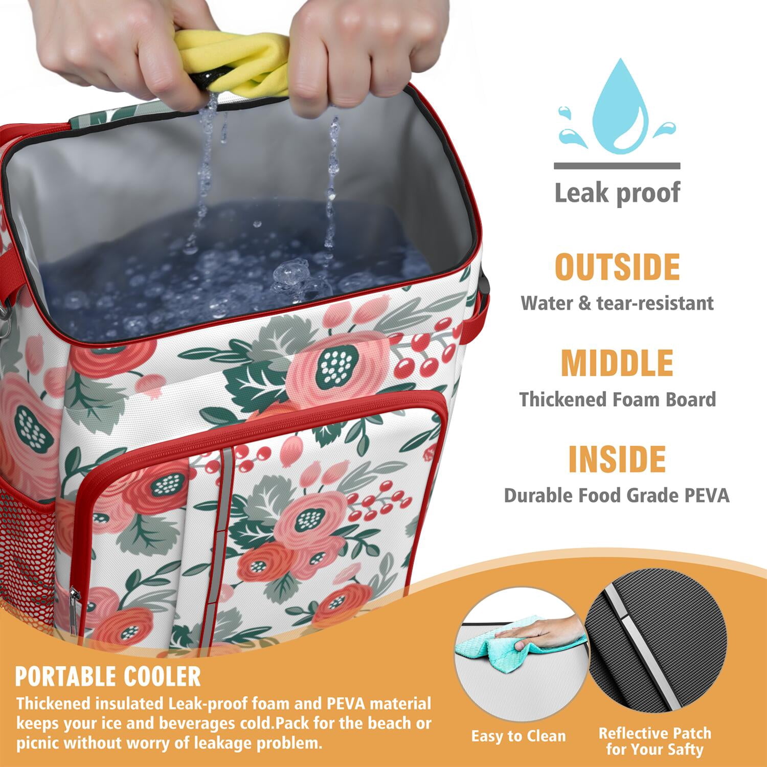Travel Cooler Bag - Pioneer Flower Floral Print Pattern Camping Beer Cooler Backpack with Bottle Opener- Waterproof Insulated Picnic Backpacks - Cooler Bag for Beach