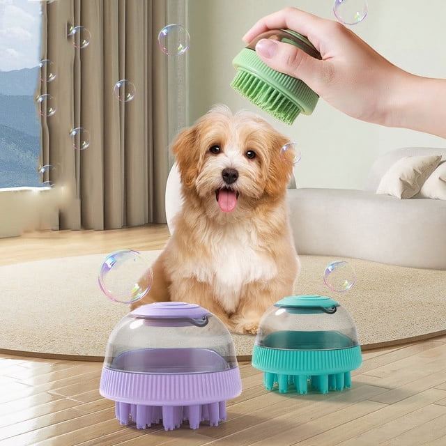 Fiudx Cepillo de Baño para Mascotas Space Capsule, Dispensador de Champú y Función de Masaje, Cerdas Suaves y Seguras, Perfecto para Perros y Gatos, Fácil Depilación, Agarre Cómodo, Herramienta de As