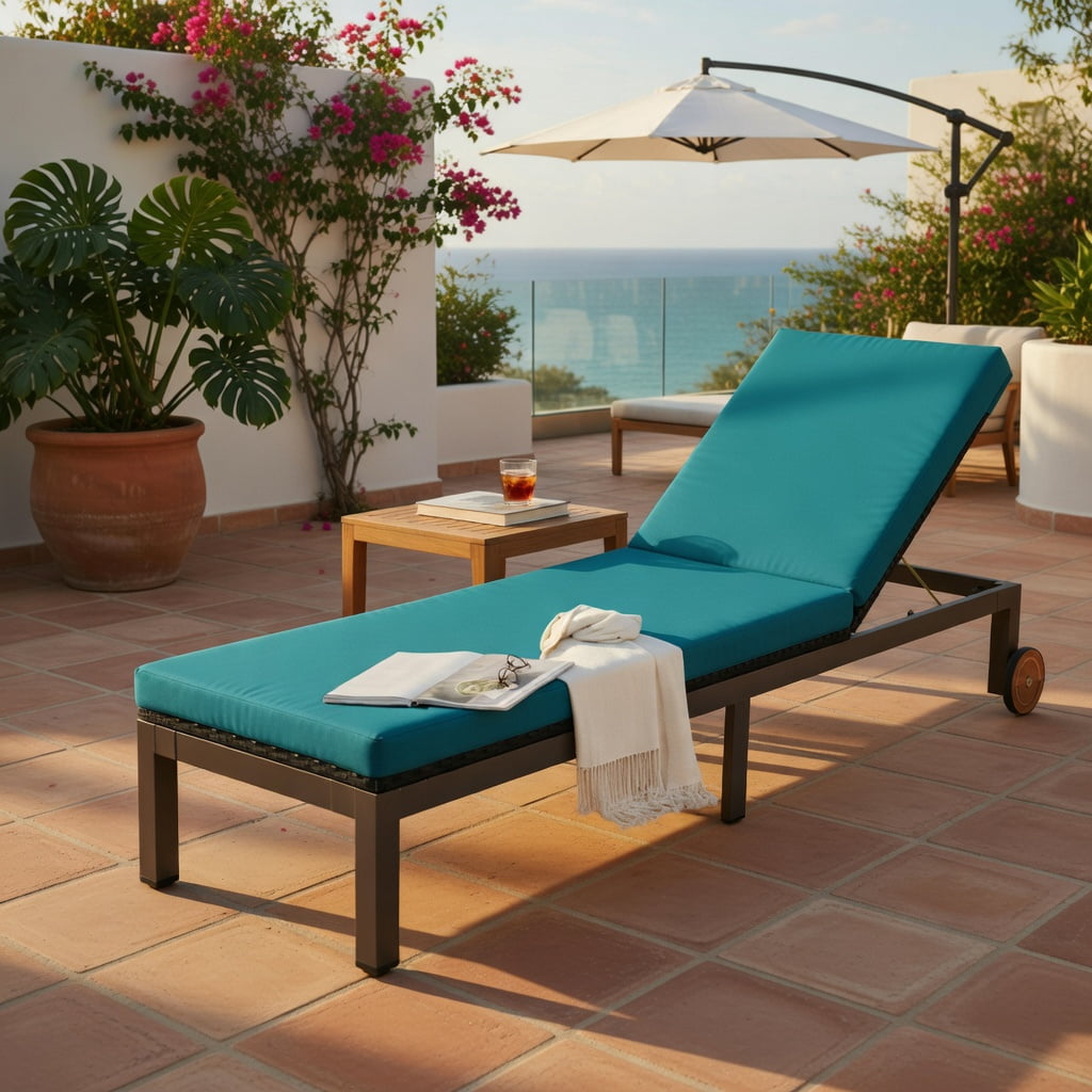 Hommoo Outdoor Chaise Lounge Chair, PE Rattan & Acacia Wood Recliner with Adjustable Backrest, Wheels & Removable Cushion for Patio, Deck, or Poolside, Turquoise