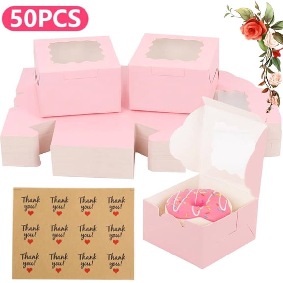50 Pack 4 x 4 x 2.5 Cookie Boxes with Window, Pink Bakery Boxes for Baked Goods, Gift Giving, Cookie Packaging, Treat Boxes