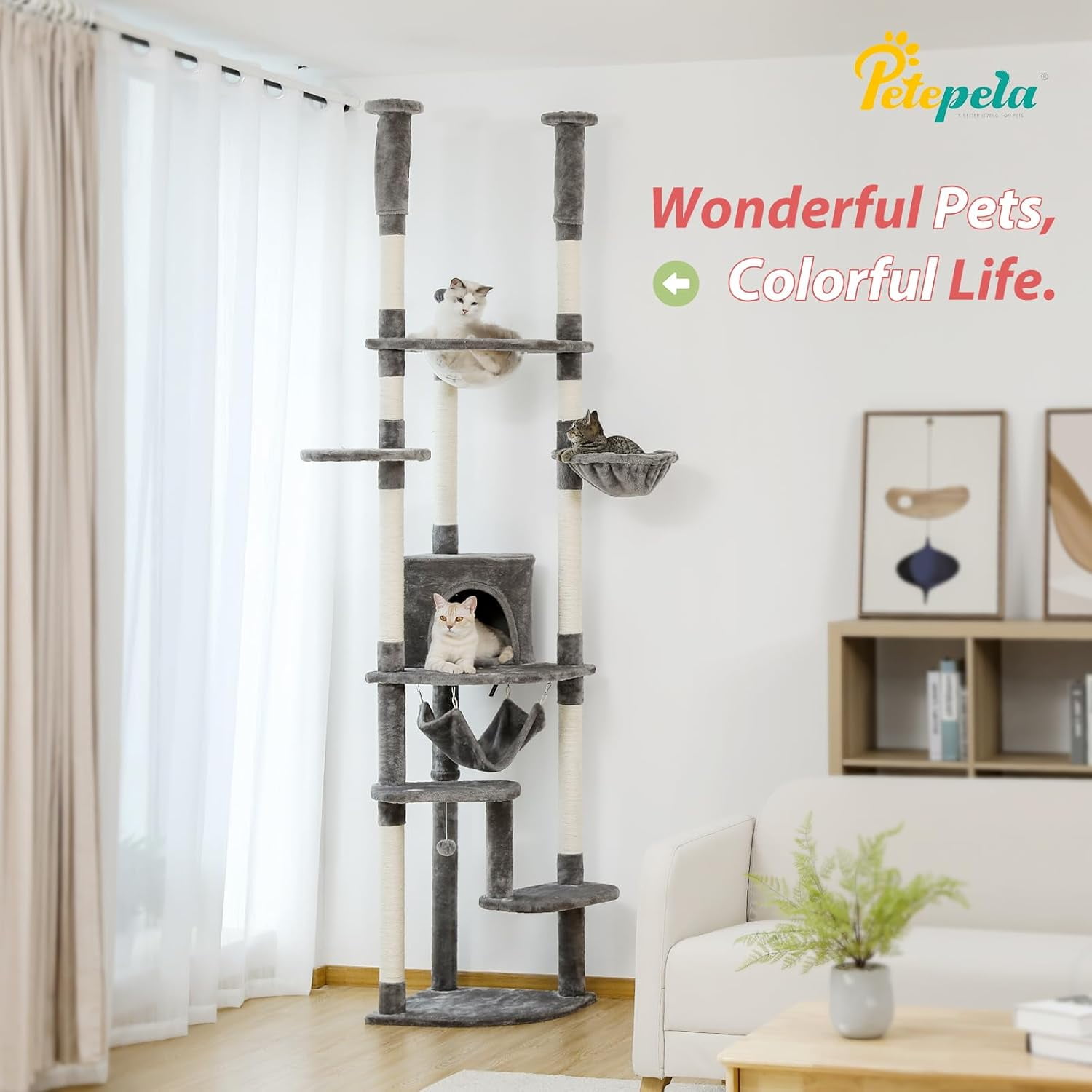 PETEPELA Floor to Ceiling Cat Tree, 92.9''-101.6''Height Adjustable Cat Tower Tall Cat Climbing Play House, Cozy Condo, Scratching Post and Spacious Hammock for Indoor Cats Large Adult, Gray