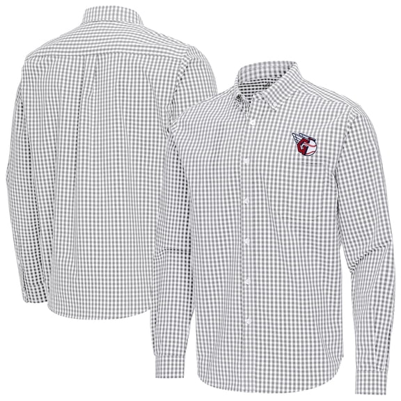 Men's Antigua Gray Cleveland Guardians Ellis Woven Tri-Blend Button-Down Shirt