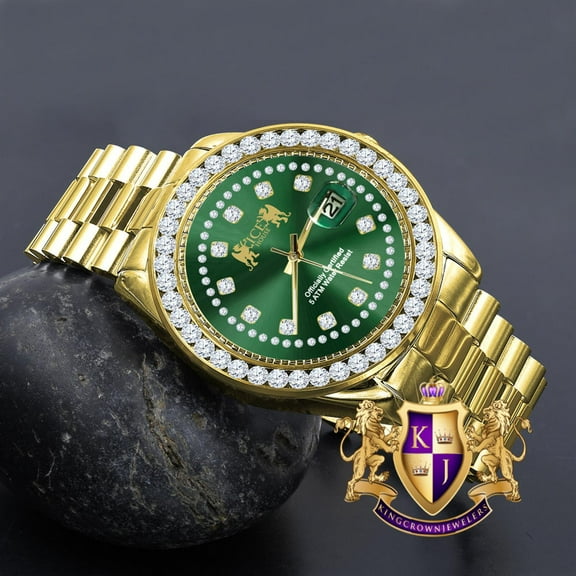 Mens Full Solid stainless Steel Solitaire Green Face 18K Yellow Gold Finish Simulated Diamond 41mm Watch