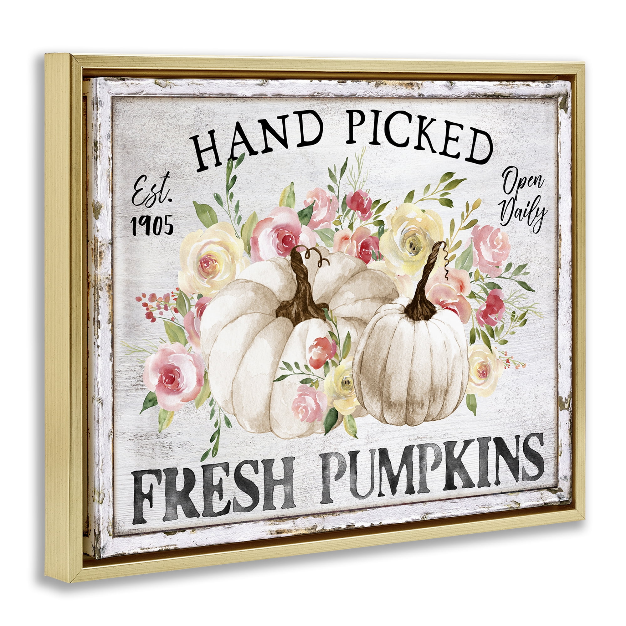 Stupell Industries Hand Picked Pumpkins Holiday Painting Gold Floater Framed Canvas Art Prints Wall Art, 31 x 25