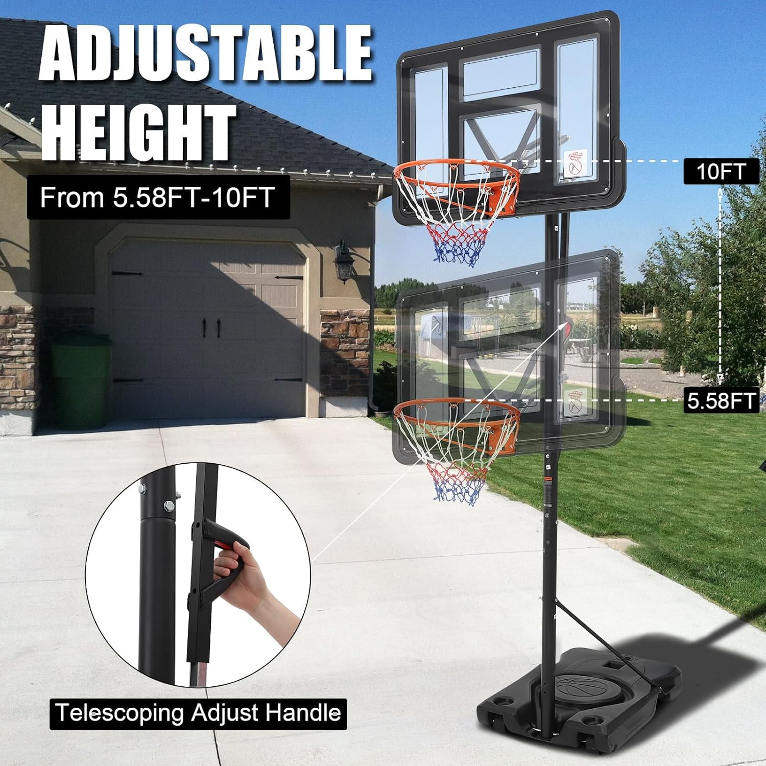Lumiparty Outdoor Portable Basketball Hoop, 4.4-10ft Adjustable Height Basketball Goal for Adults in Backyard/Driveway/Indoor, with Enlarged Base, Black