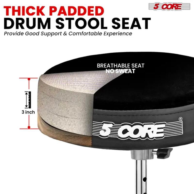 5 Core Drum Throne Padded Velvet Top Guitar Stool Double Braced Drummer Chair Height Adjustable Musician Seat Black - DS BLKCH VEL BLK