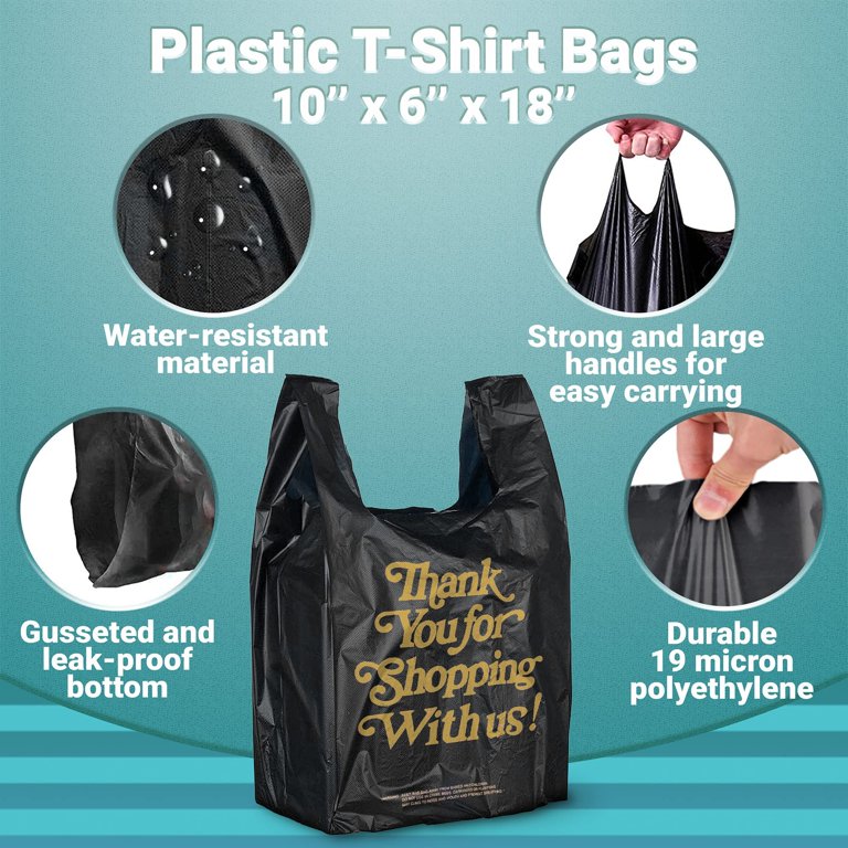 1000 Black Thank You T-Shirt Plastic Grocery Bags – Large 21" X 6.5" X 11.5" Size