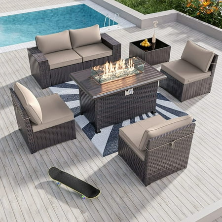 Gotland 7 Pieces Outdoor Patio Furniture Set with 43 Gas Propane Fire Pit Table PE Wicker Rattan Sectional Sofa Patio Conversation Sets Sand